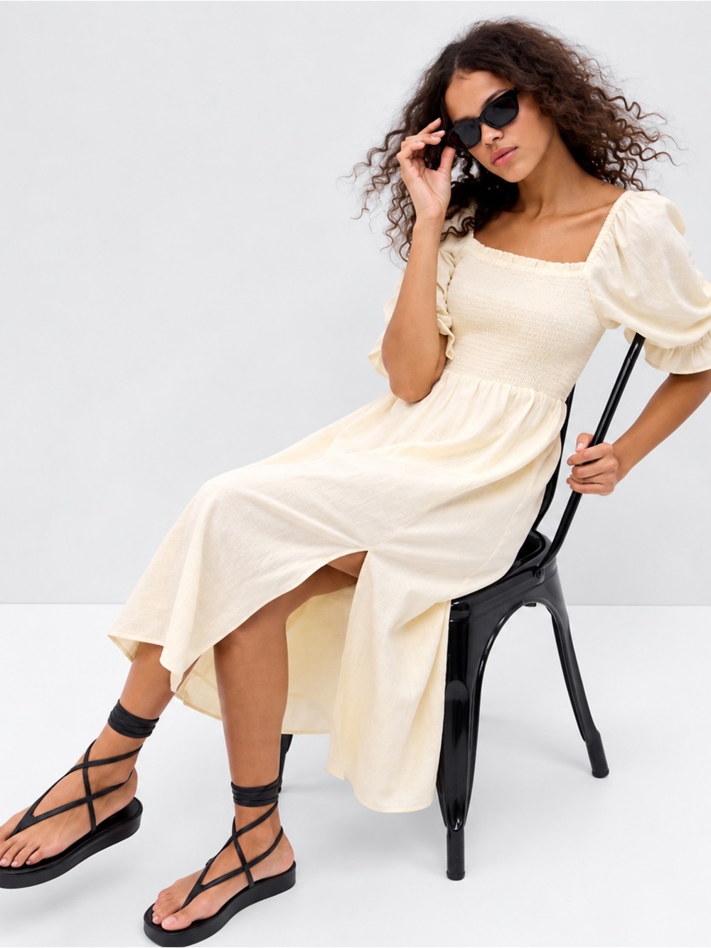 NWT GAP Linen Blend Puff Sleeve Smocked Midi Dress Off White Size Medium Tall